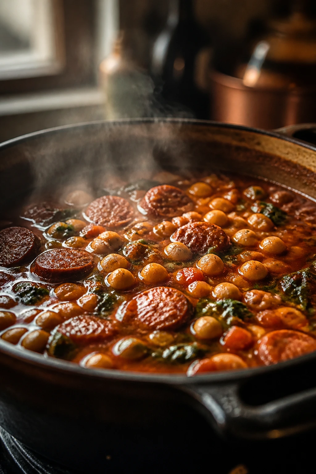 Close-up of spicy chorizo and chickpea stew in a pot