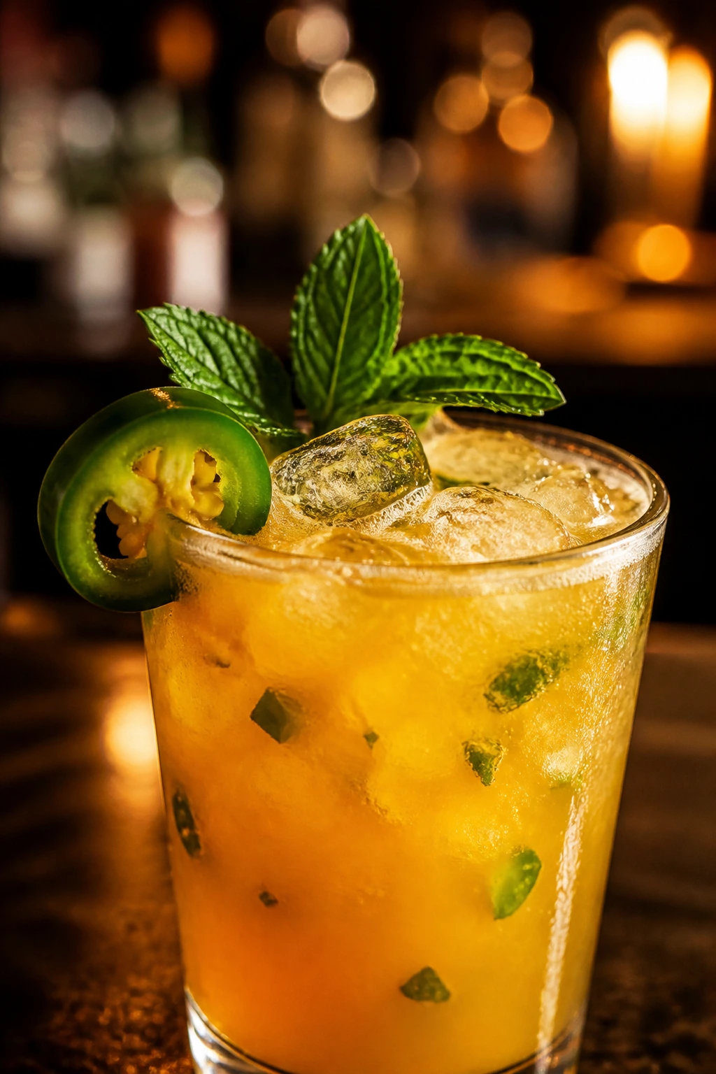 Spicy tropical cocktail with jalapeño garnish on the rim.