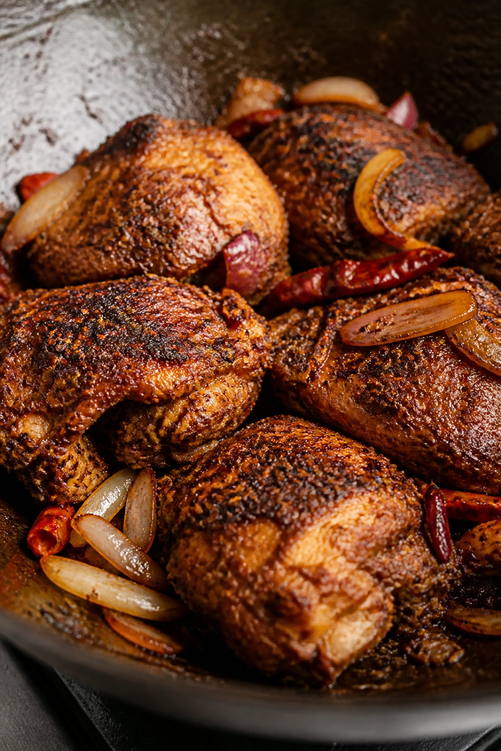 Close-up of Spicy Cumin Chicken in a wok