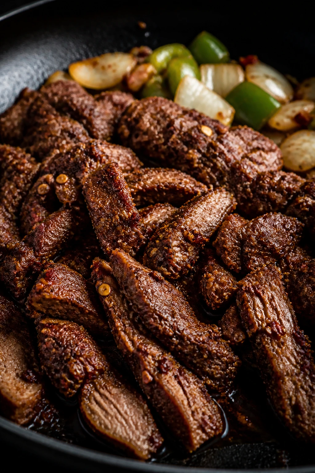 Close-up of Spicy Cumin Lamb in a hot skillet