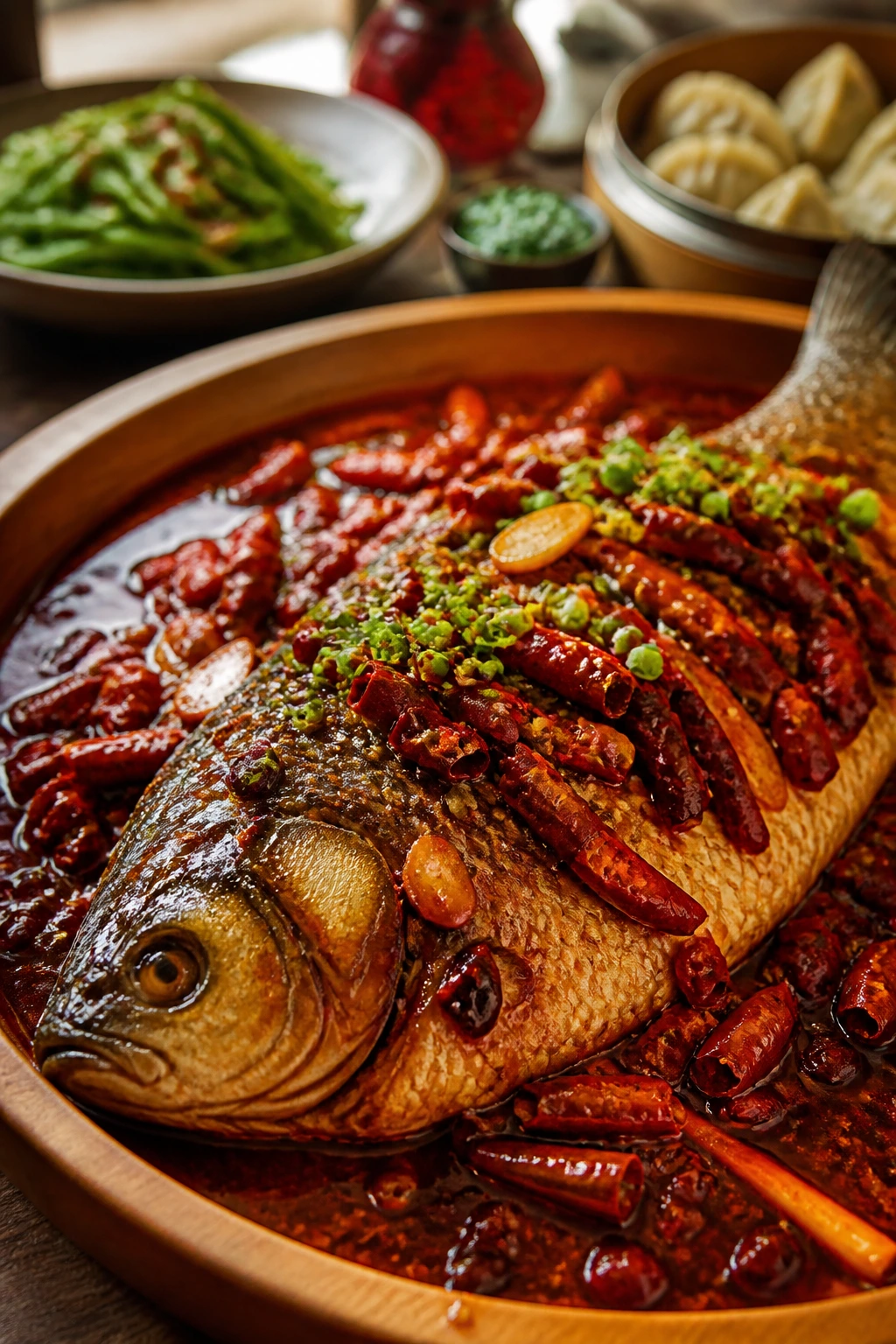 Close-up of a spicy whole fish with red chile oil on a wooden plate