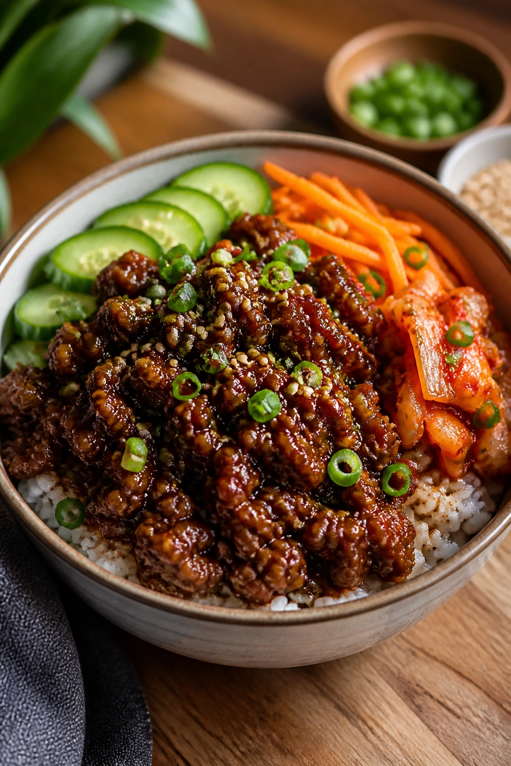 Close-up of a spicy Korean beef bowl with rice and fresh toppings on a wooden table
