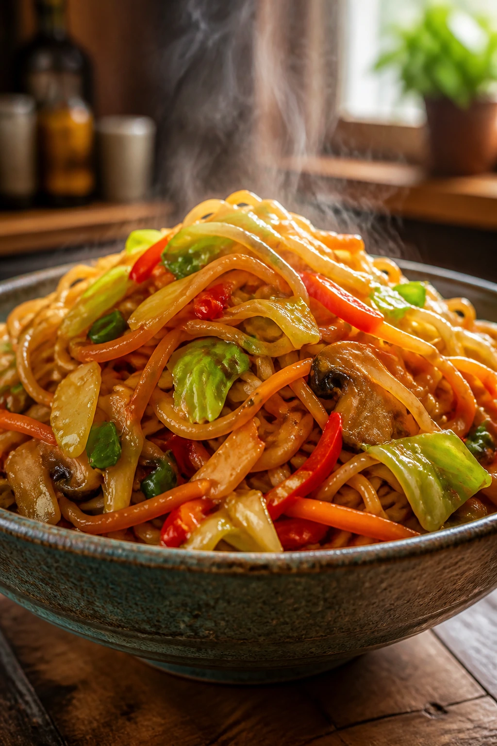 Close-up of glossy spicy vegetable lo mein in a bowl with crisp vegetables
