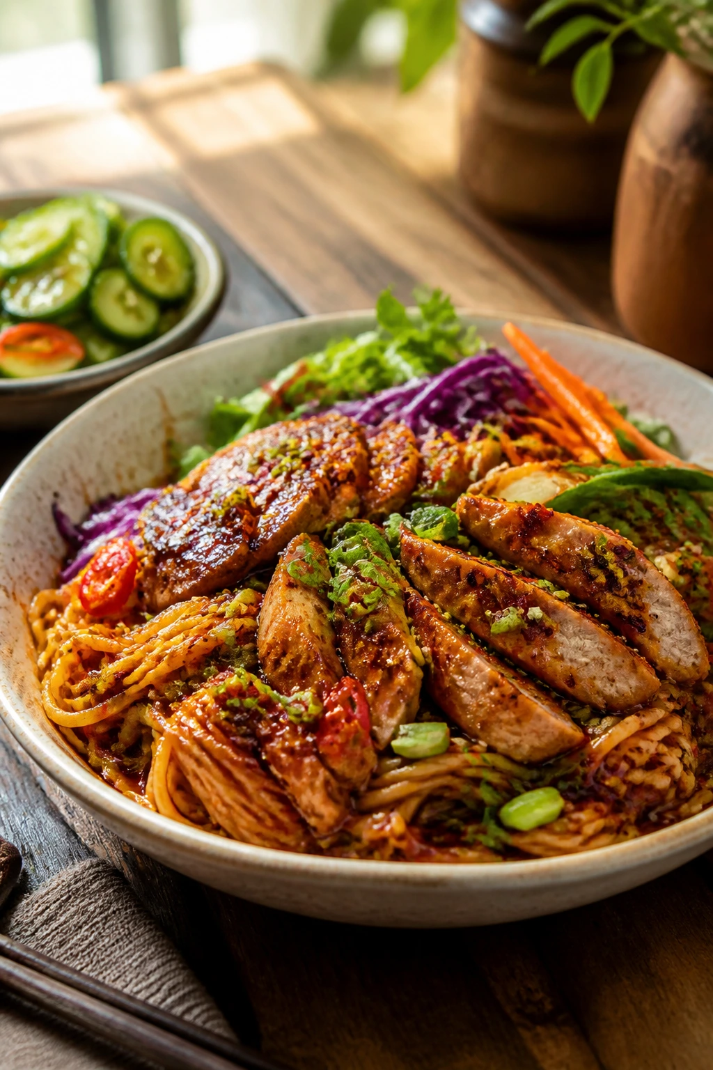 Close-up of a saucy spicy noodle dish ready to serve with distinct toppings