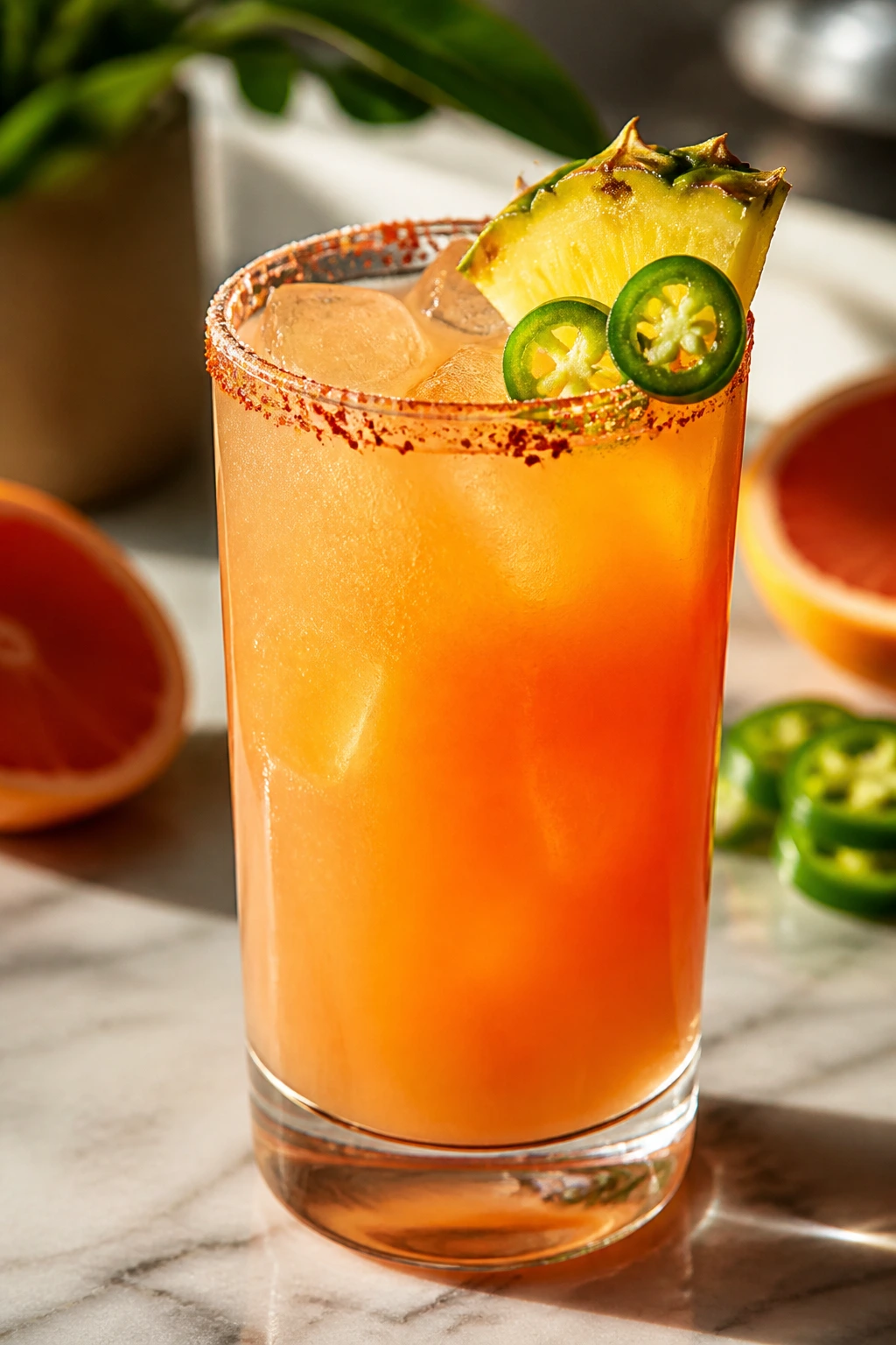 Close-up of Spicy Pineapple Paloma with jalapeño and salted rim on a sunlit counter