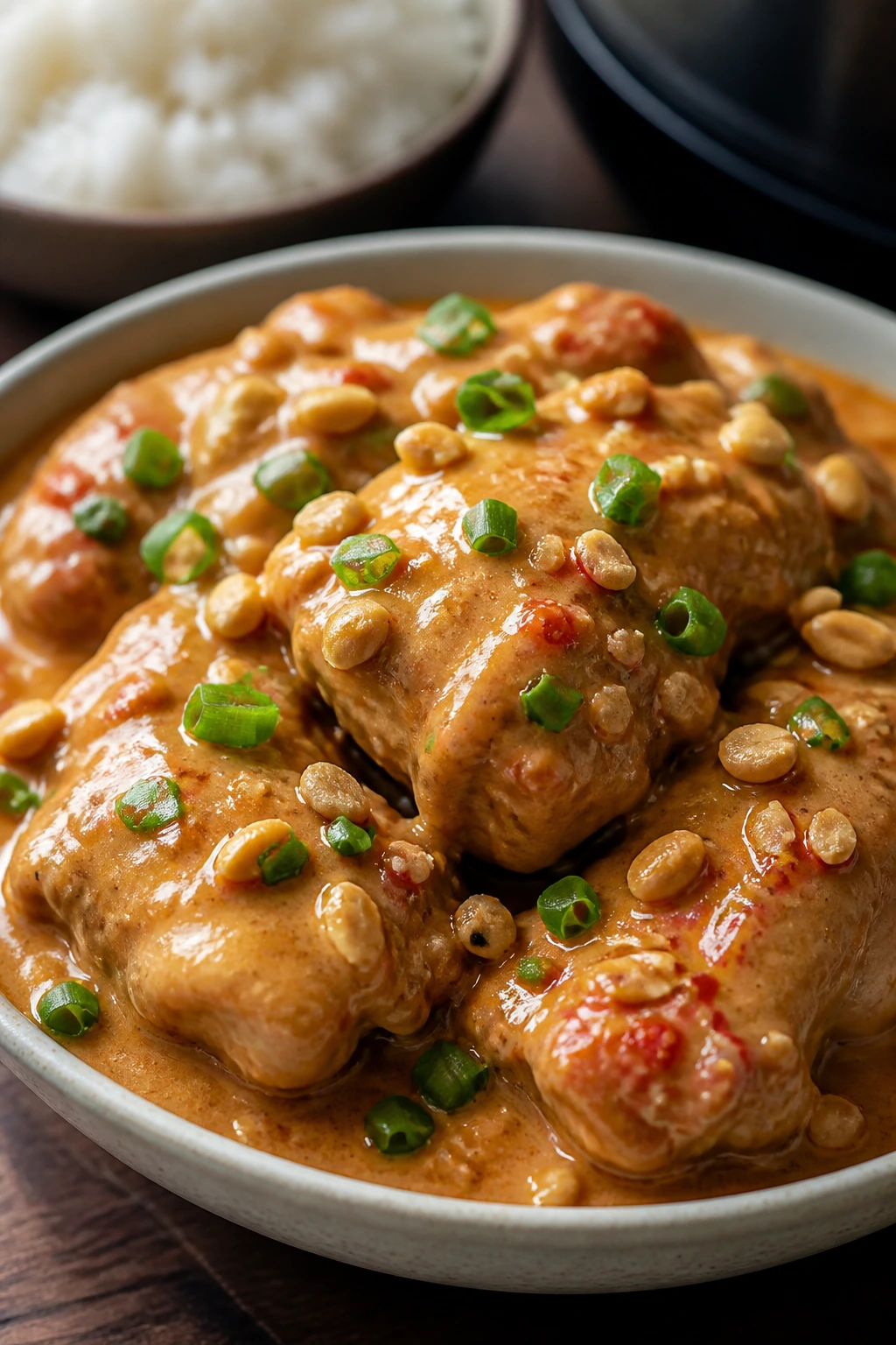 Close-up of spicy peanut chicken in creamy sauce over rice