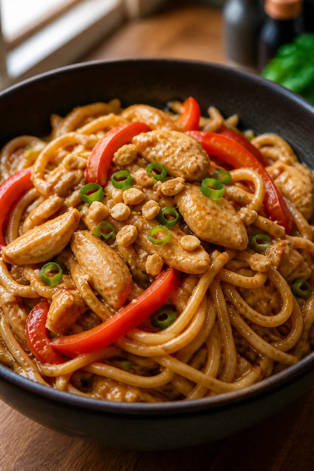 Noodles with peanut sauce, chicken, and bell pepper in a bowl