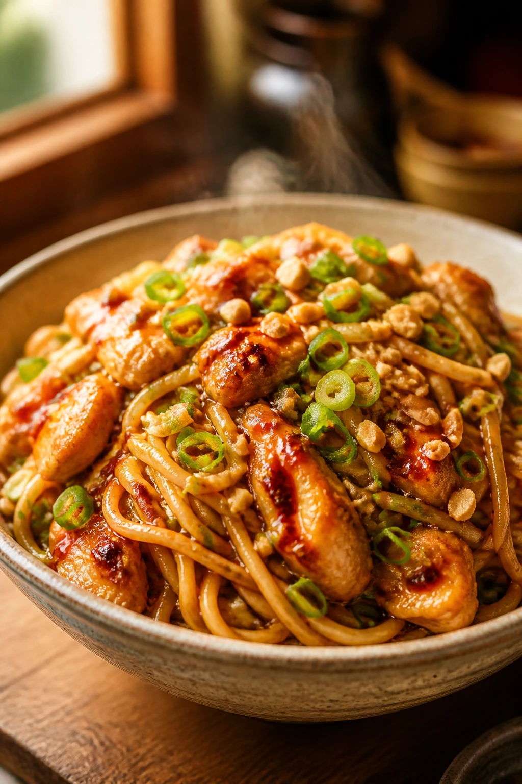 Close-up of spicy peanut chicken noodles with glossy sauce.