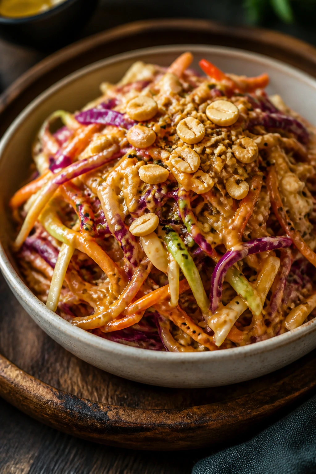 Colorful spicy peanut street bowl with crunchy toppings