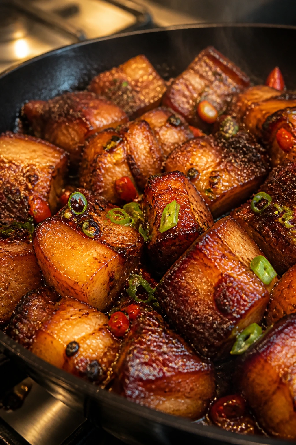 Close-up of glossy, bronzed pork belly cubes in a skillet with a lacquered glaze
