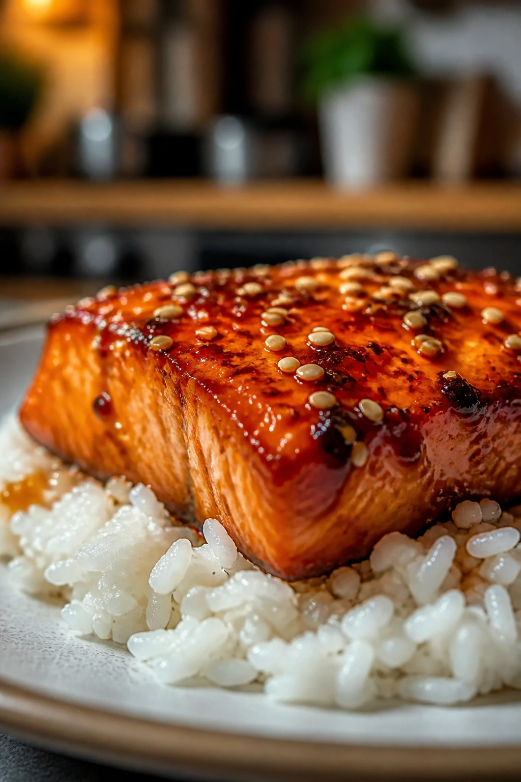 Spicy sriracha salmon plated on rice with sesame seeds