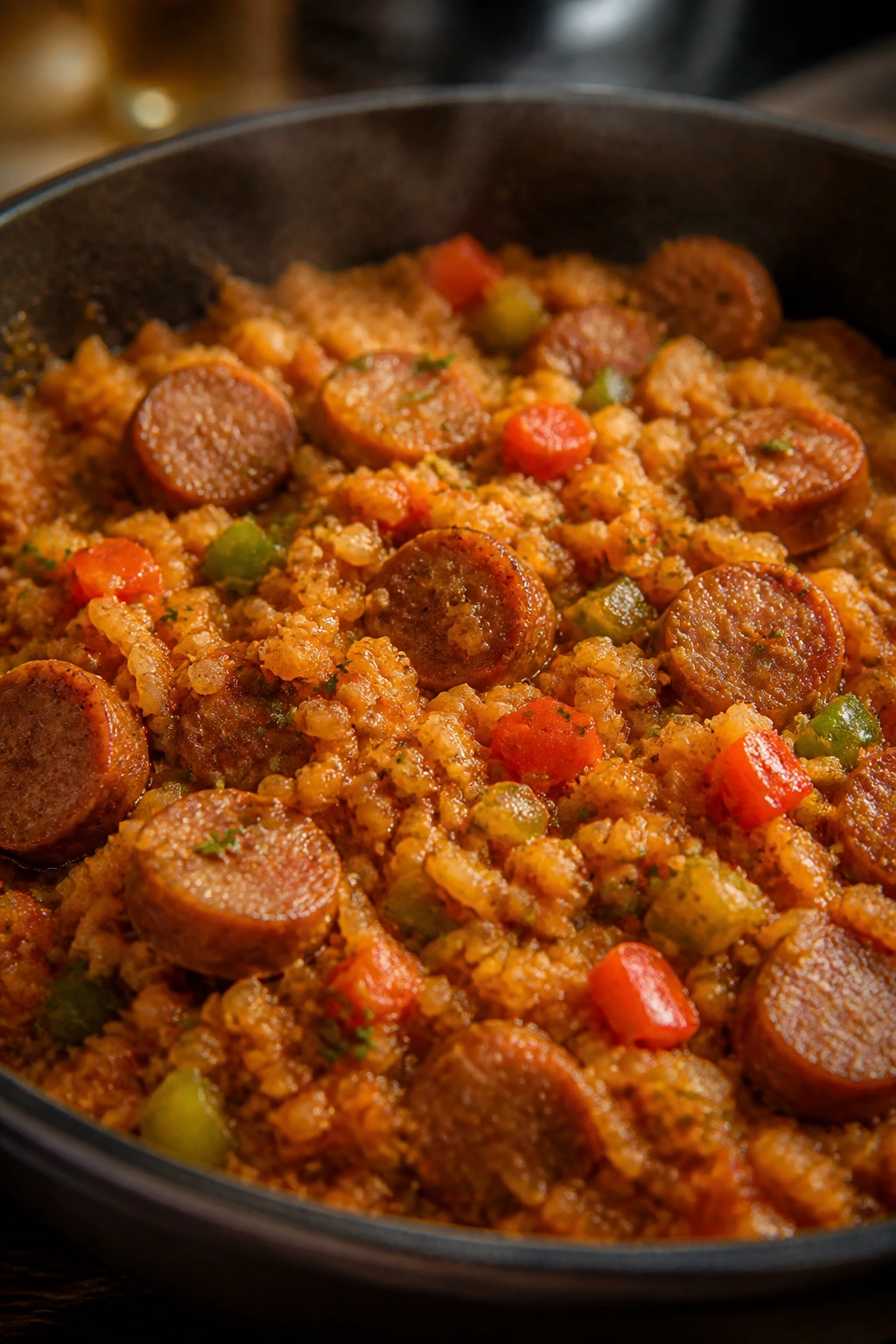 Spicy sausage jambalaya with cauliflower rice in a bowl