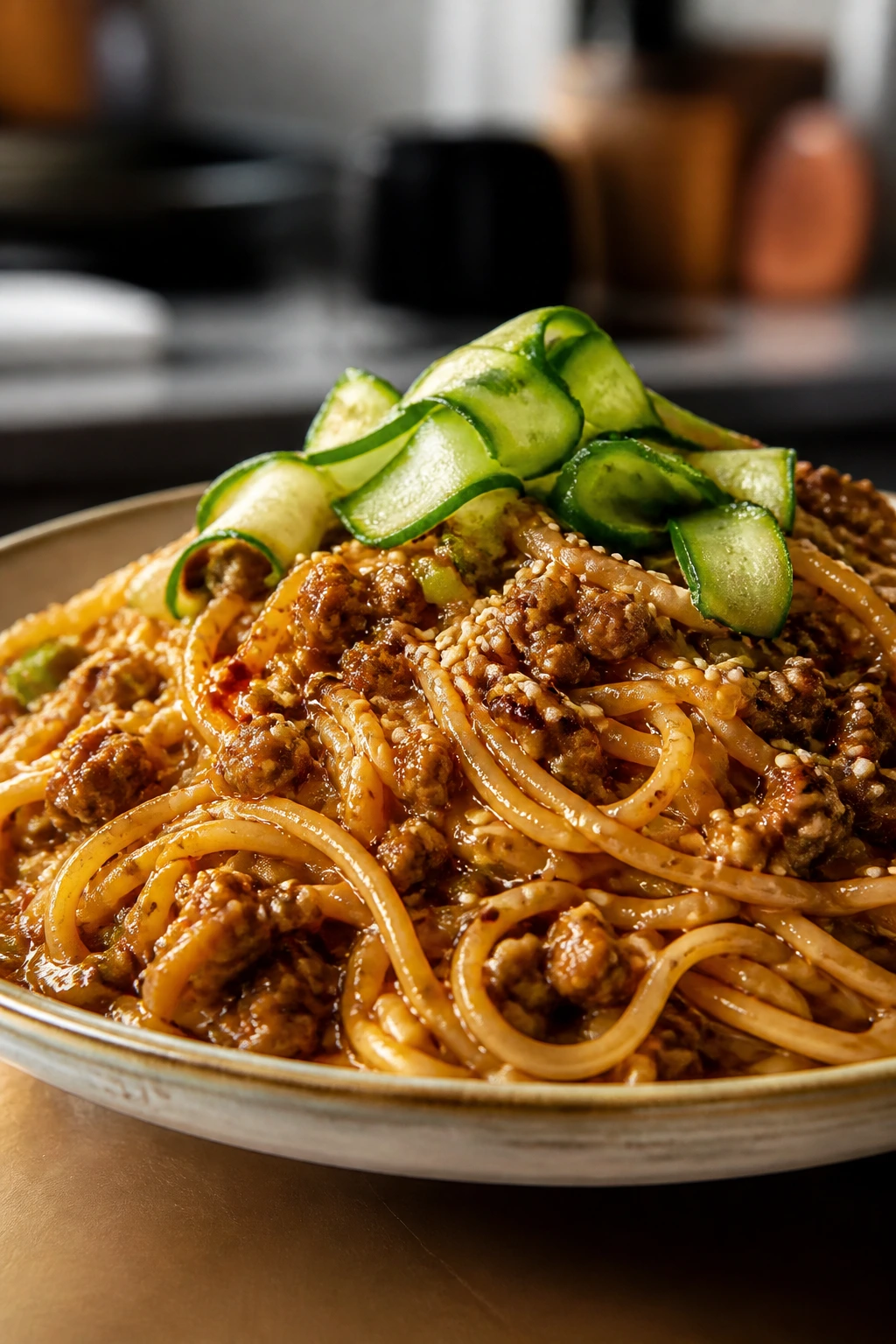 Close-up of spicy sesame noodles with pork in glossy sauce