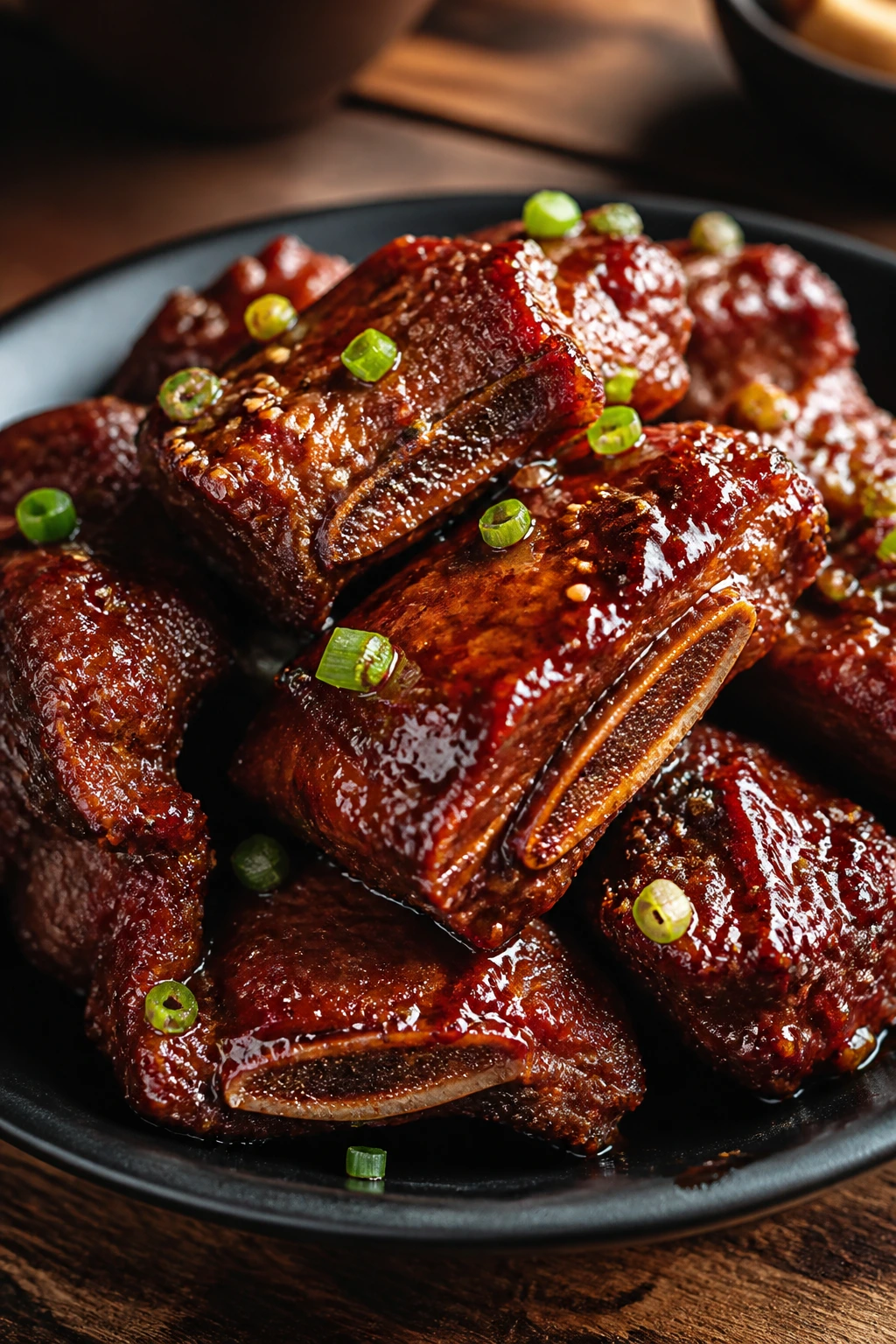 Close-up of glossy lacquered Korean short ribs with sticky glaze on a dark plate