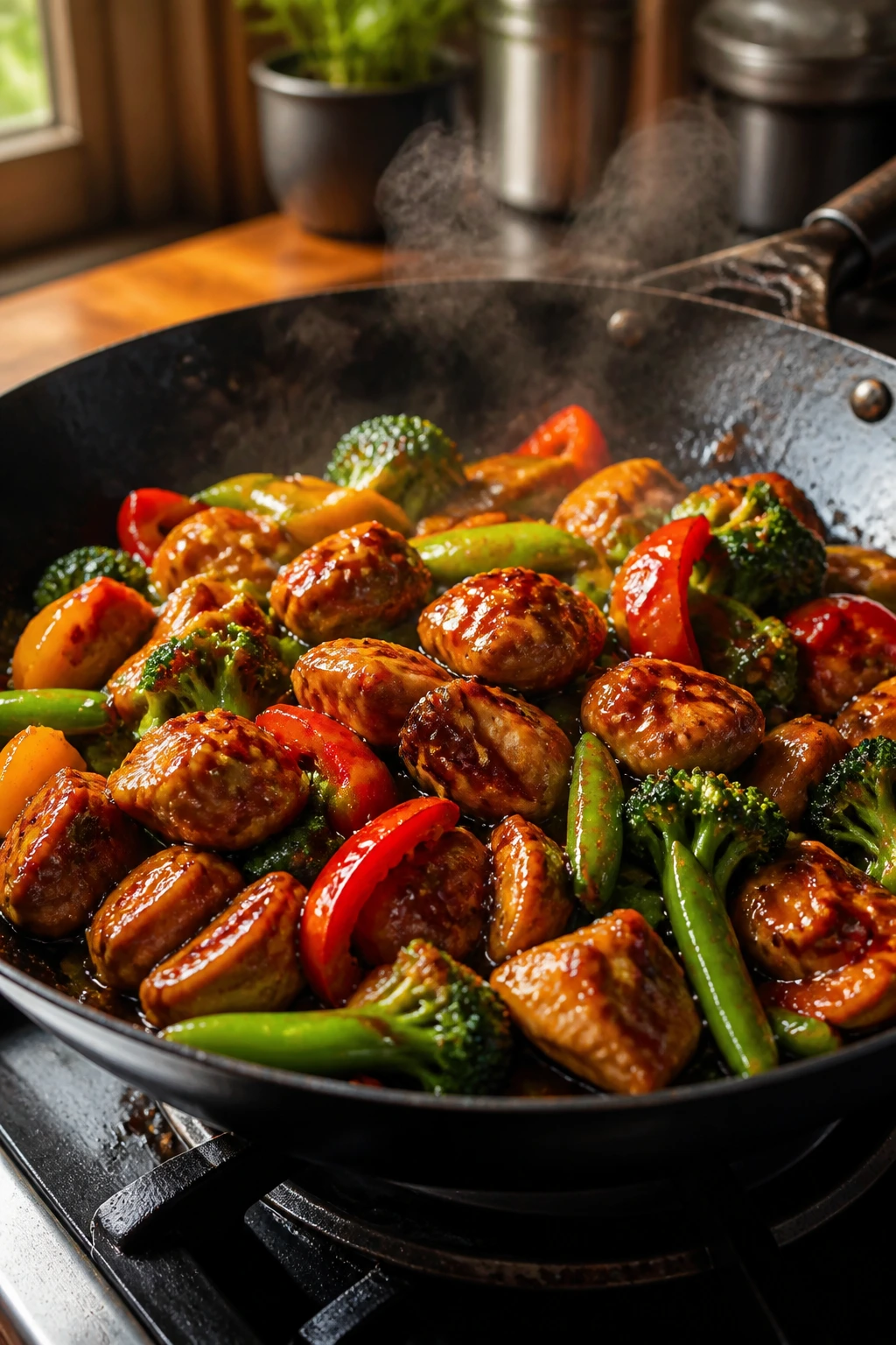 Close-up of glossy spicy Chinese stir-fry with chicken and vegetables