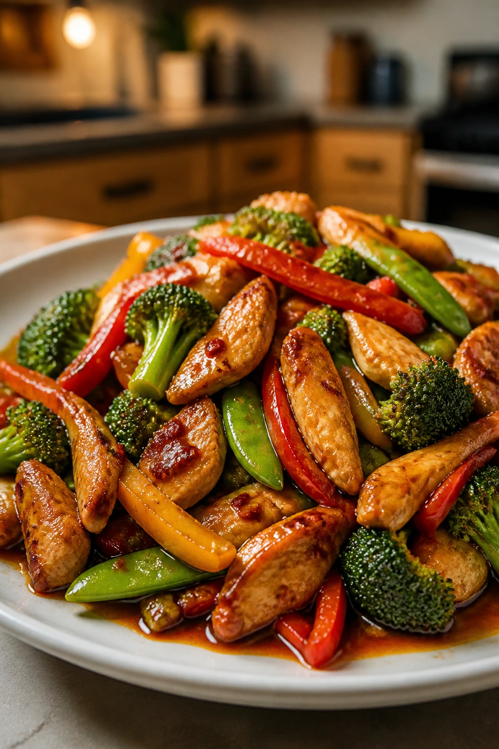 Close-up of spicy chicken and vegetables in glossy sauce on plate