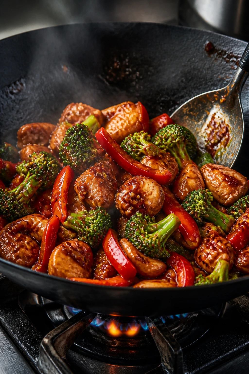 Close-up of glossy spicy stir-fry in a wok with broccoli and peppers, high-heat kitchen