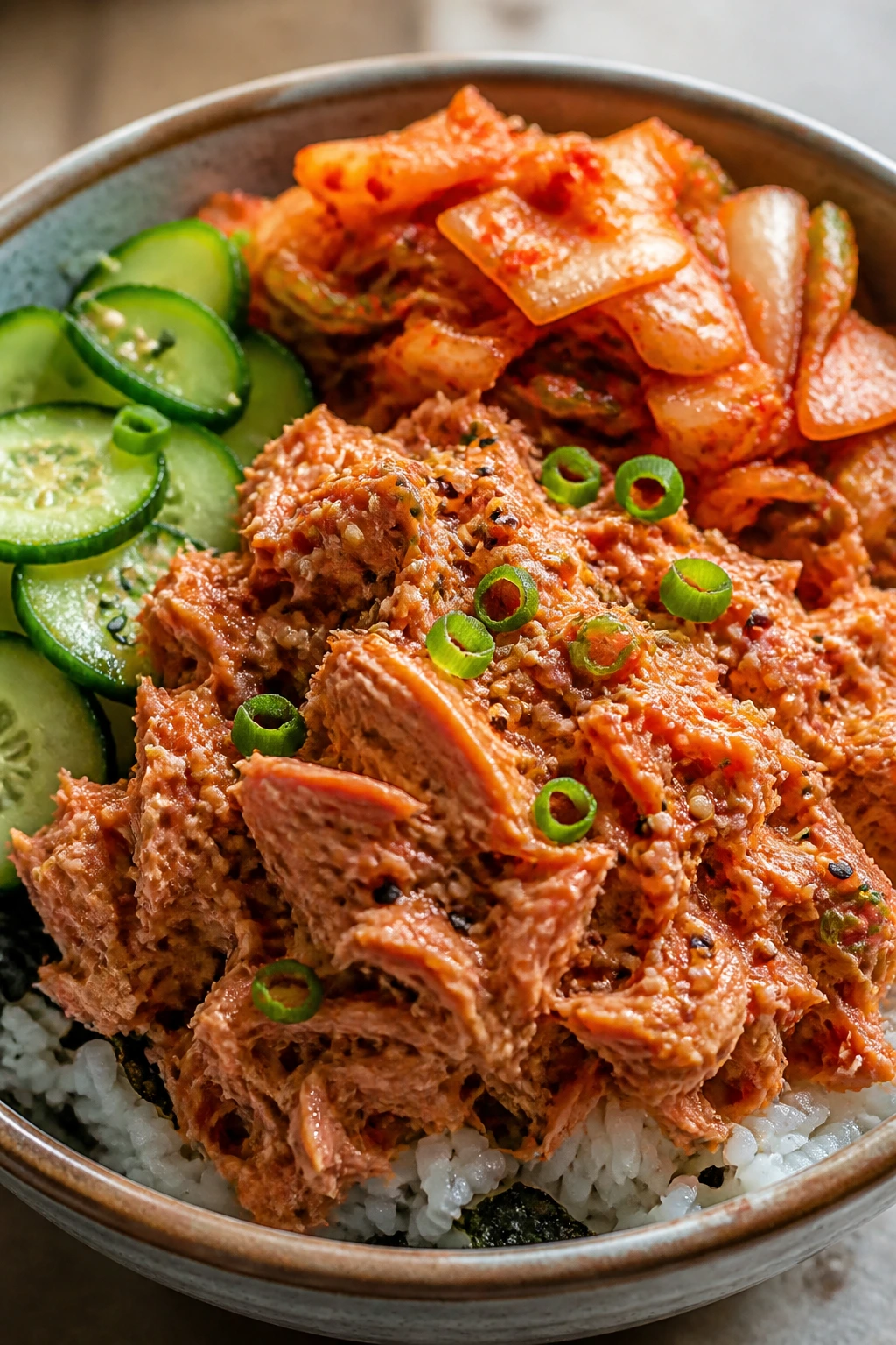 Spicy tuna rice bowl with cucumber and kimchi on rice