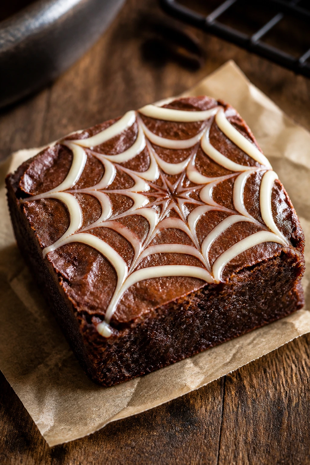 Close-up of a fudgy brownie square with a white chocolate web pattern