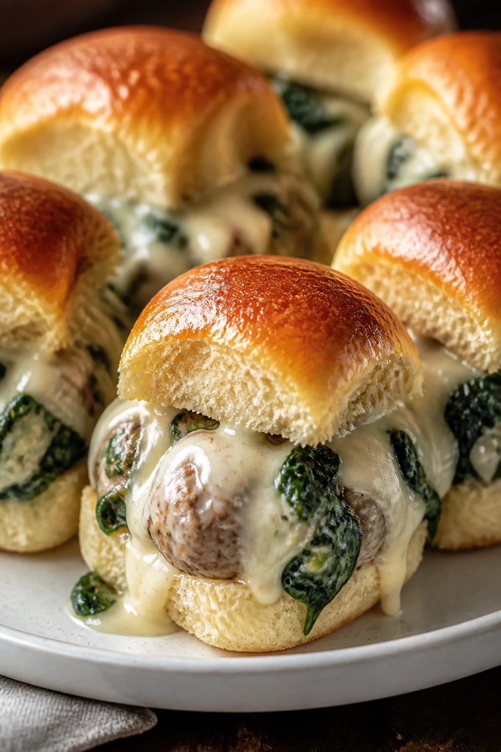 Close-up of creamy spinach Alfredo sliders with spinach and melted cheese