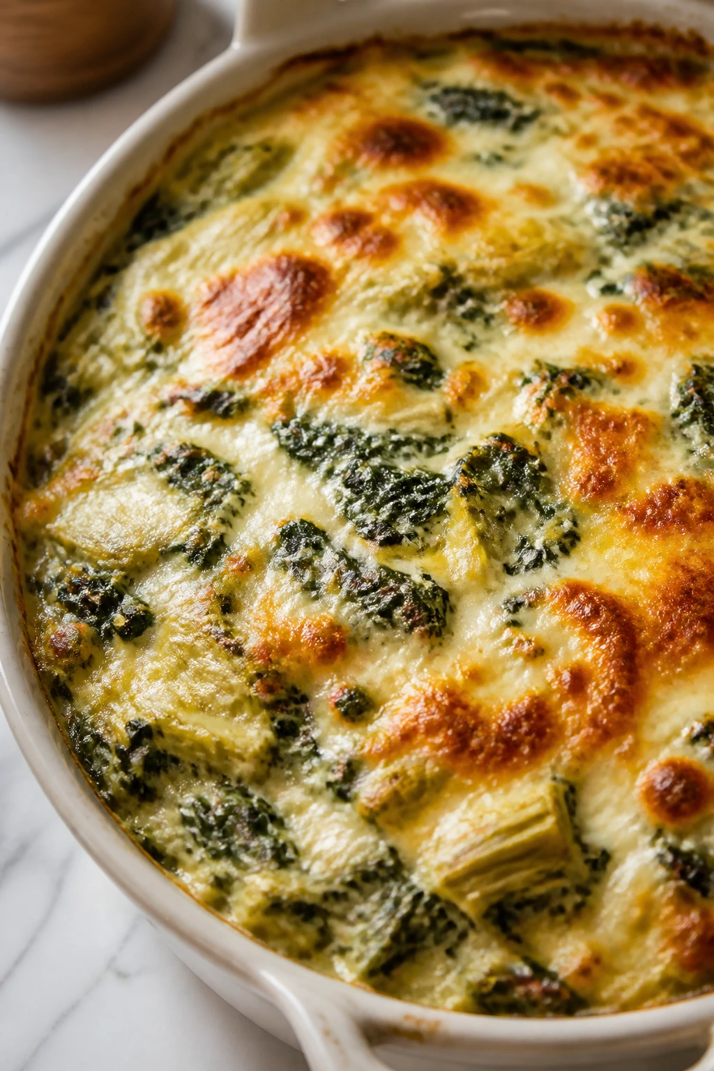 Creamy spinach and artichoke bake with bubbly cheese