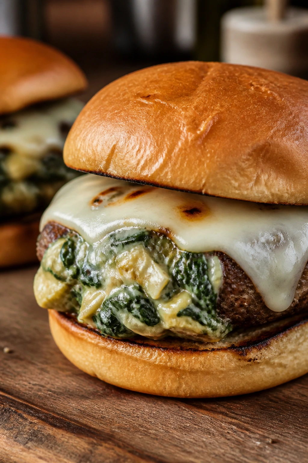 Close-up of Spinach Artichoke Burger with creamy mozzarella filling