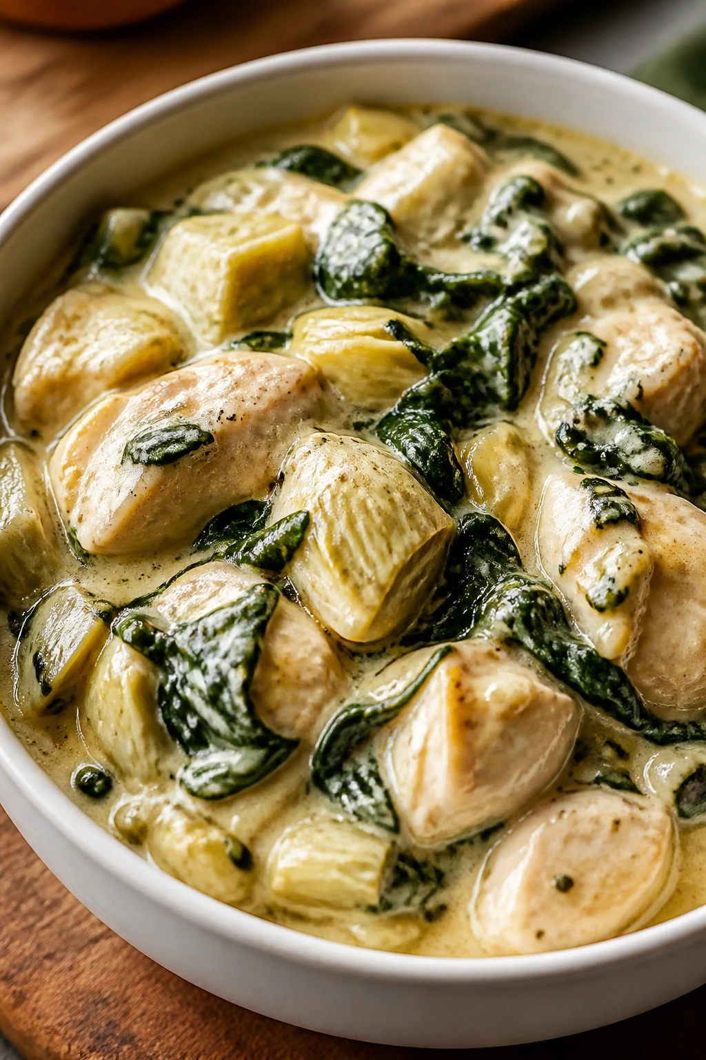 Close-up of creamy spinach artichoke chicken in a rustic bowl