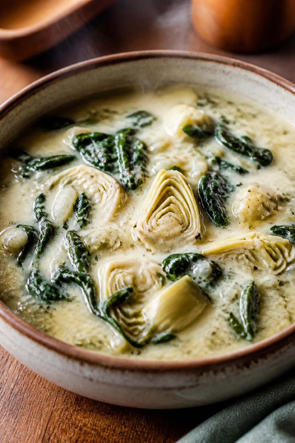 Close-up of spinach and artichoke chowder in a rustic bowl with artichokes and spinach.
