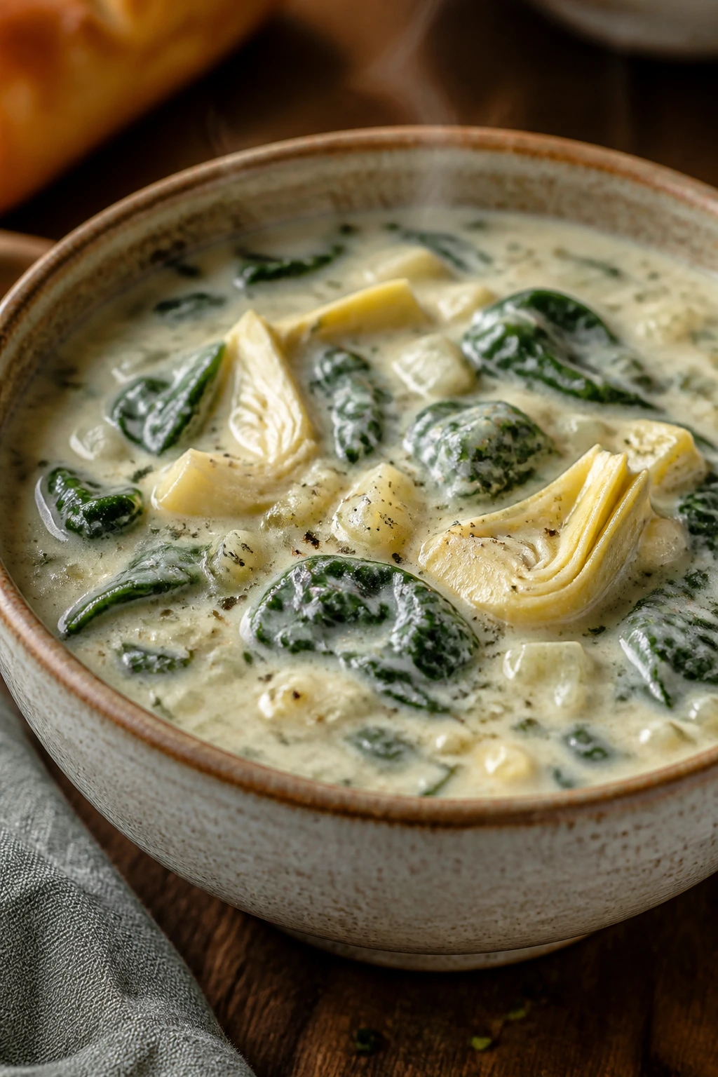 Close-up of spinach and artichoke chowder in a ceramic bowl on a wooden table