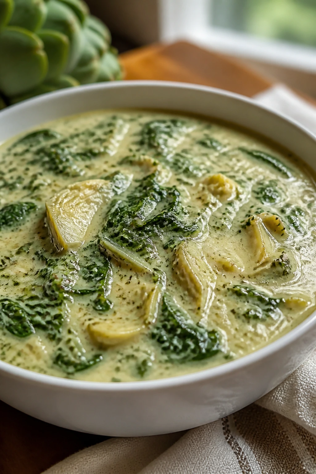 Creamy spinach artichoke chowder in a bowl with artichoke pieces and spinach