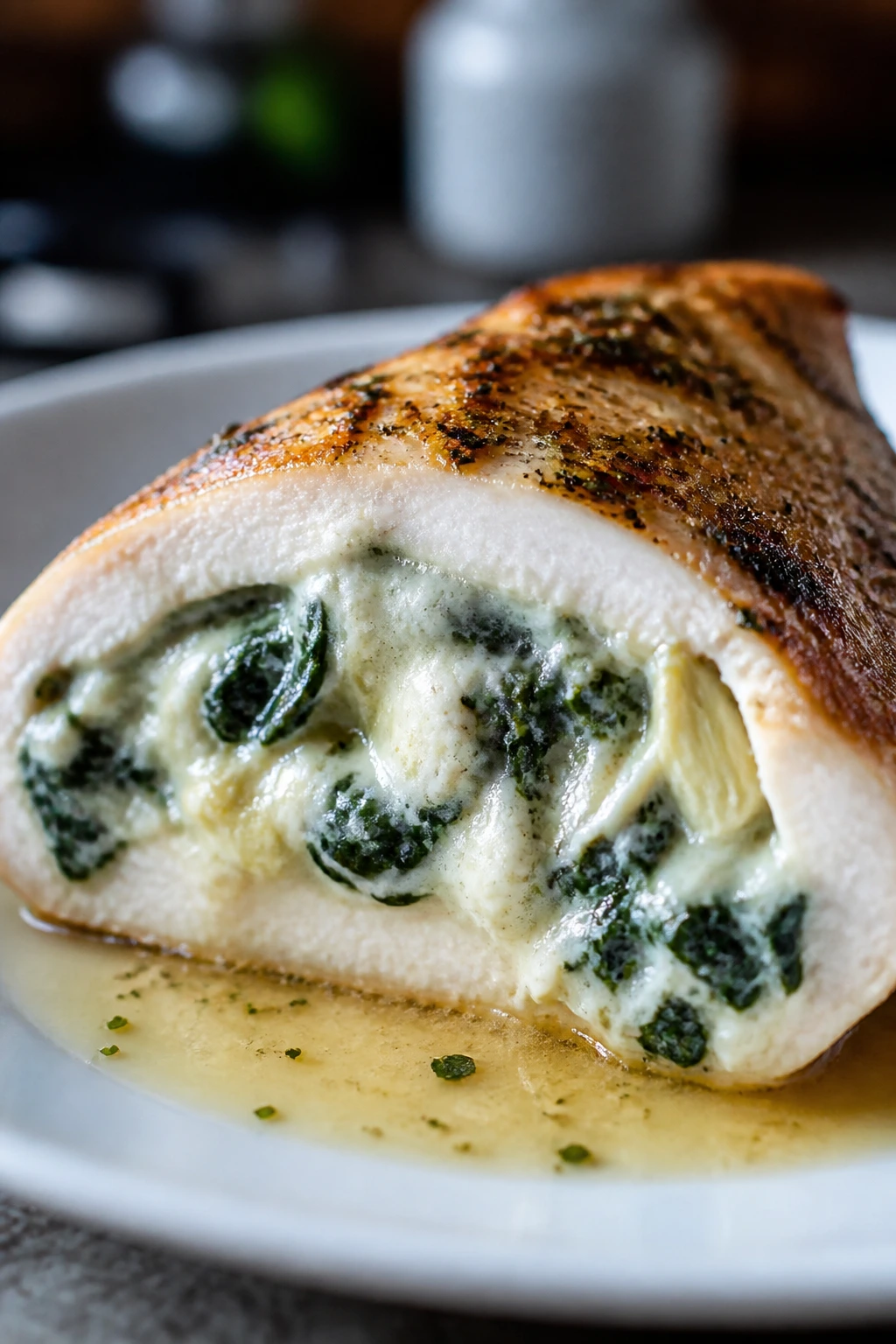 Cross-section of spinach-artichoke stuffed chicken showing spinach and artichoke filling