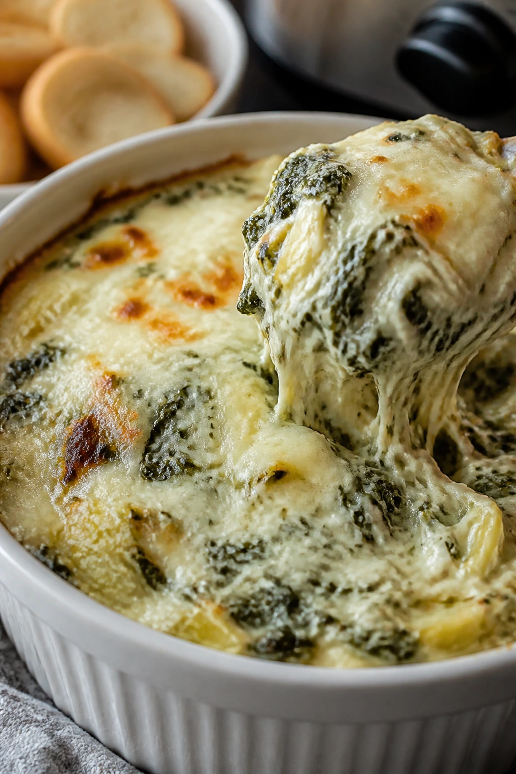 Creamy spinach artichoke dip in ramekin with cheese topping