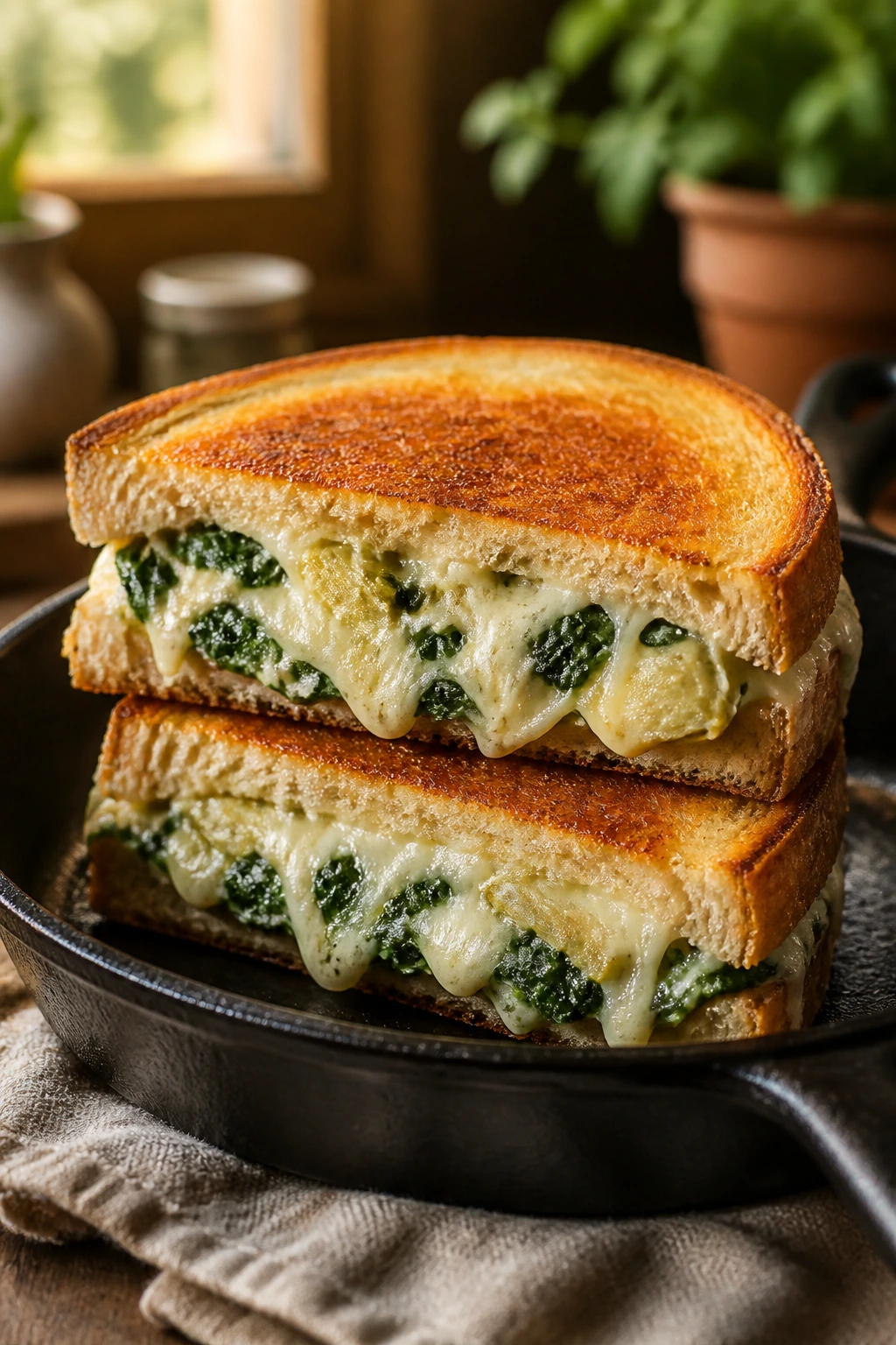 Close-up of spinach artichoke grilled cheese with melty filling on crusty bread