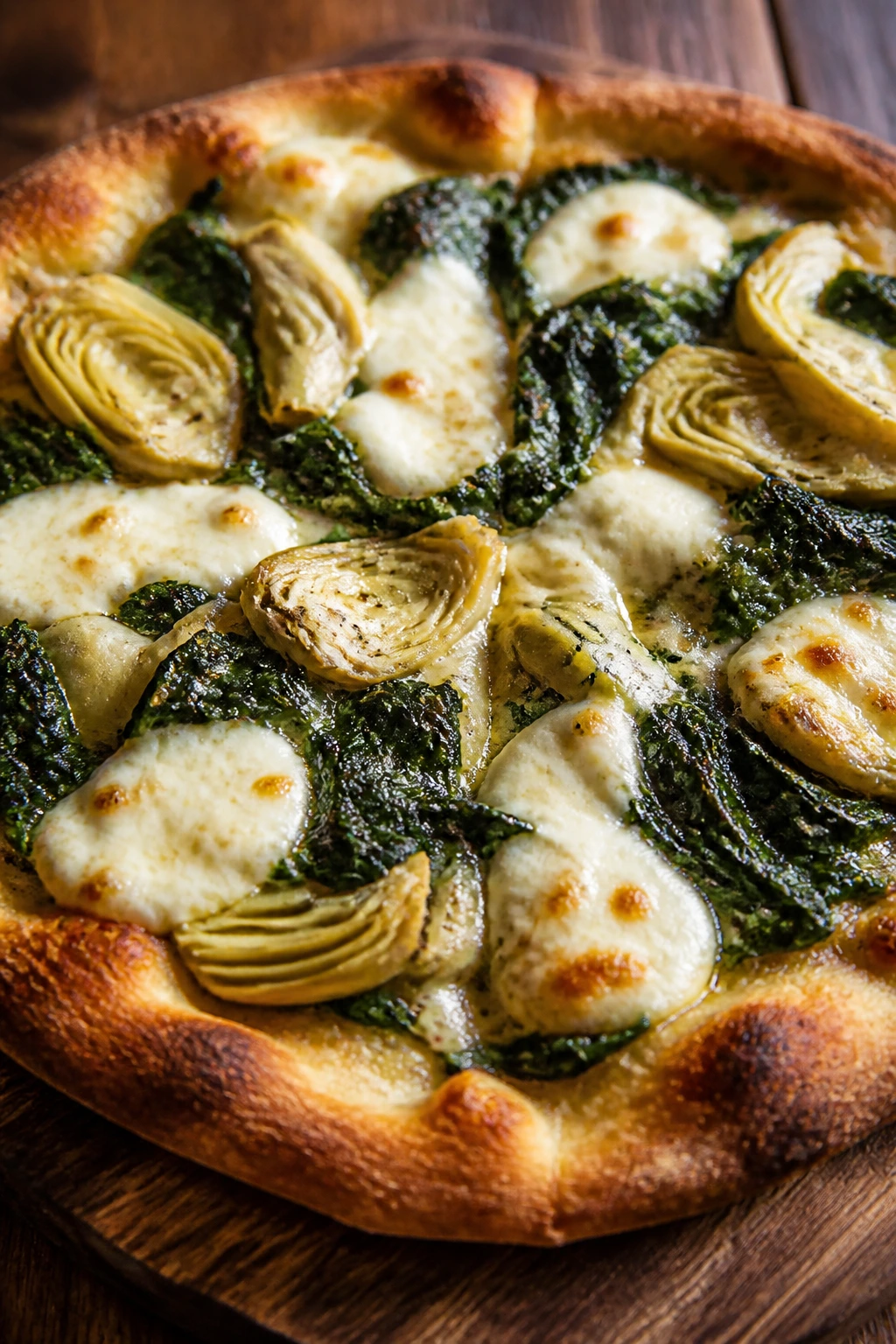 Close-up of spinach artichoke mozzarella pizza