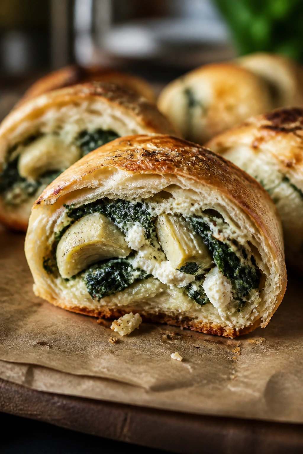 Cross-section of spinach artichoke pecorino roll with greens and artichokes