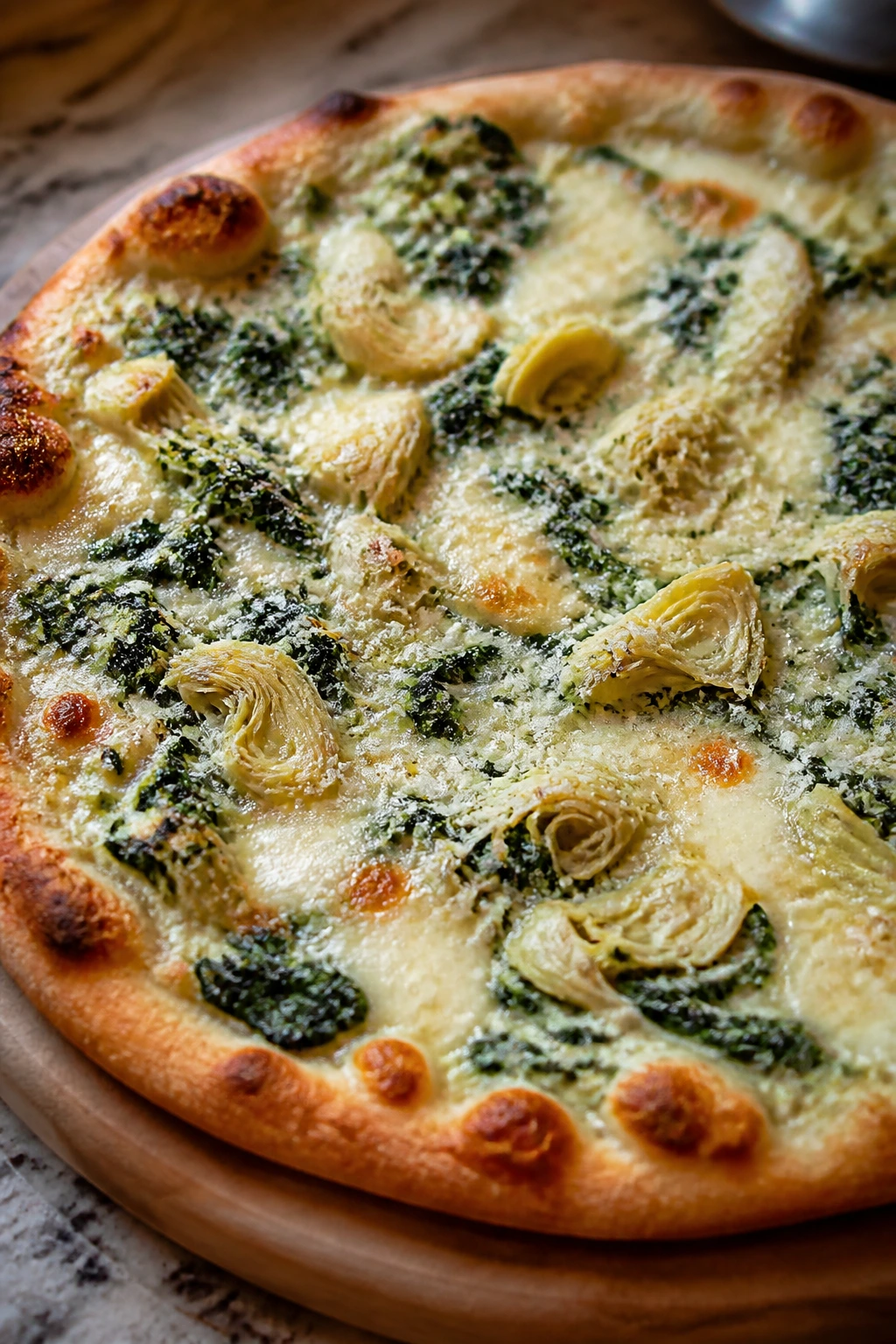 Creamy spinach artichoke white pizza on warm counter