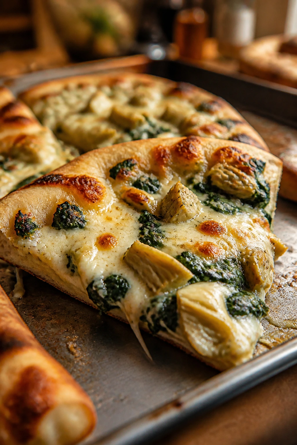 Close-up of spinach artichoke pizza slice with creamy topping