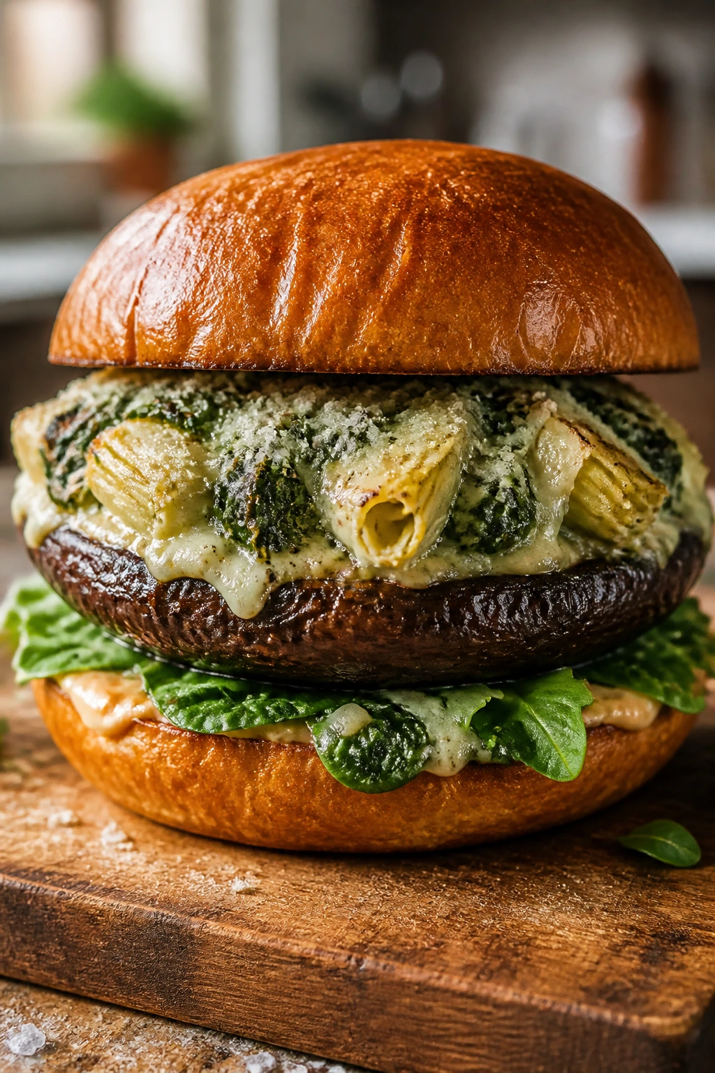 Close-up of spinach-artichoke stuffed portobello burger on wooden board