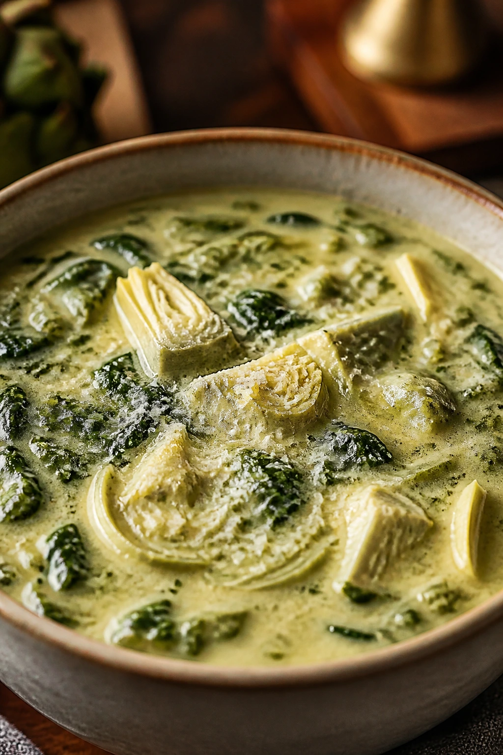 Creamy Spinach Artichoke Soup in a bowl with artichokes and parmesan