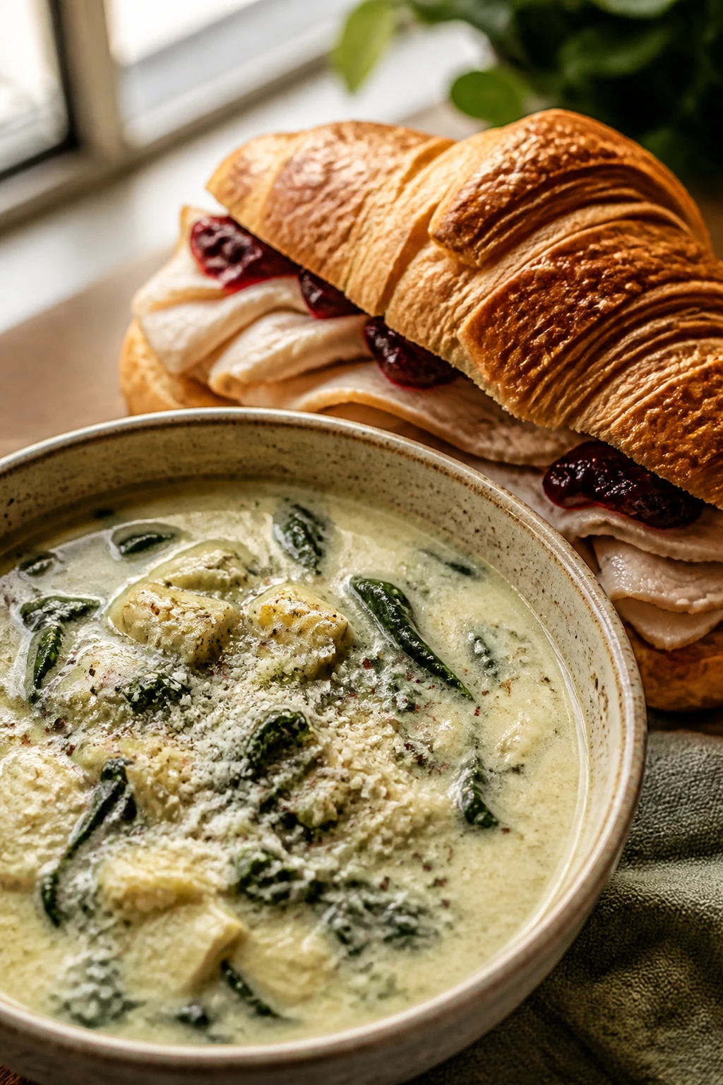 Close-up of spinach artichoke soup with turkey cranberry croissant on a cozy table