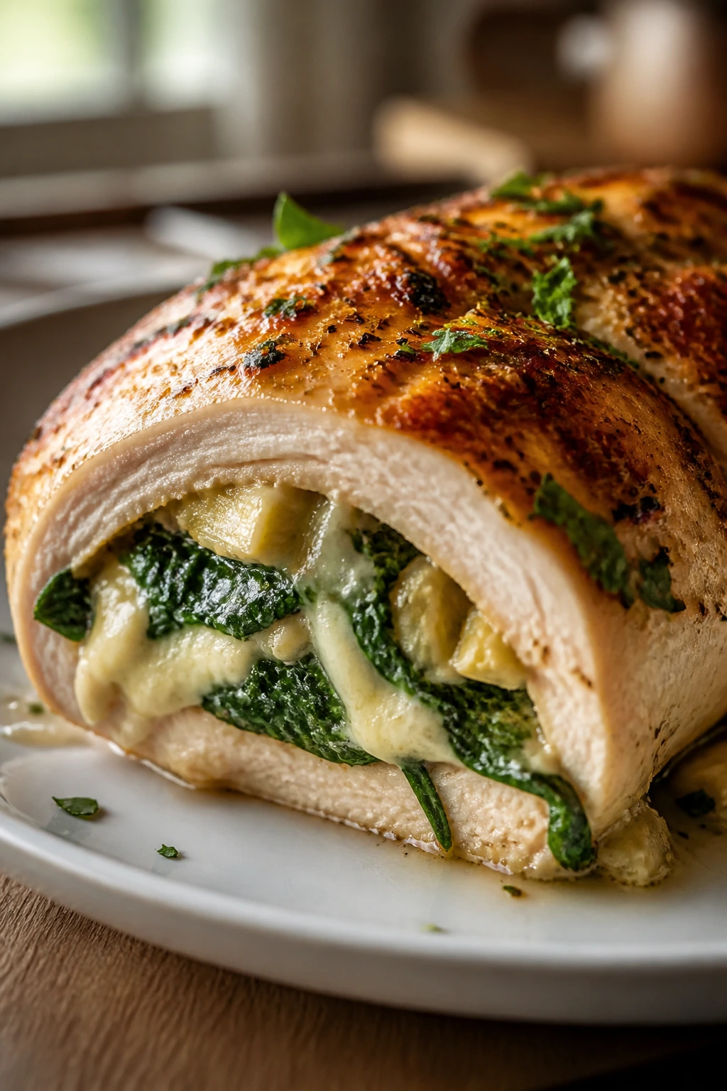 Cross-section of spinach artichoke stuffed chicken showing filling