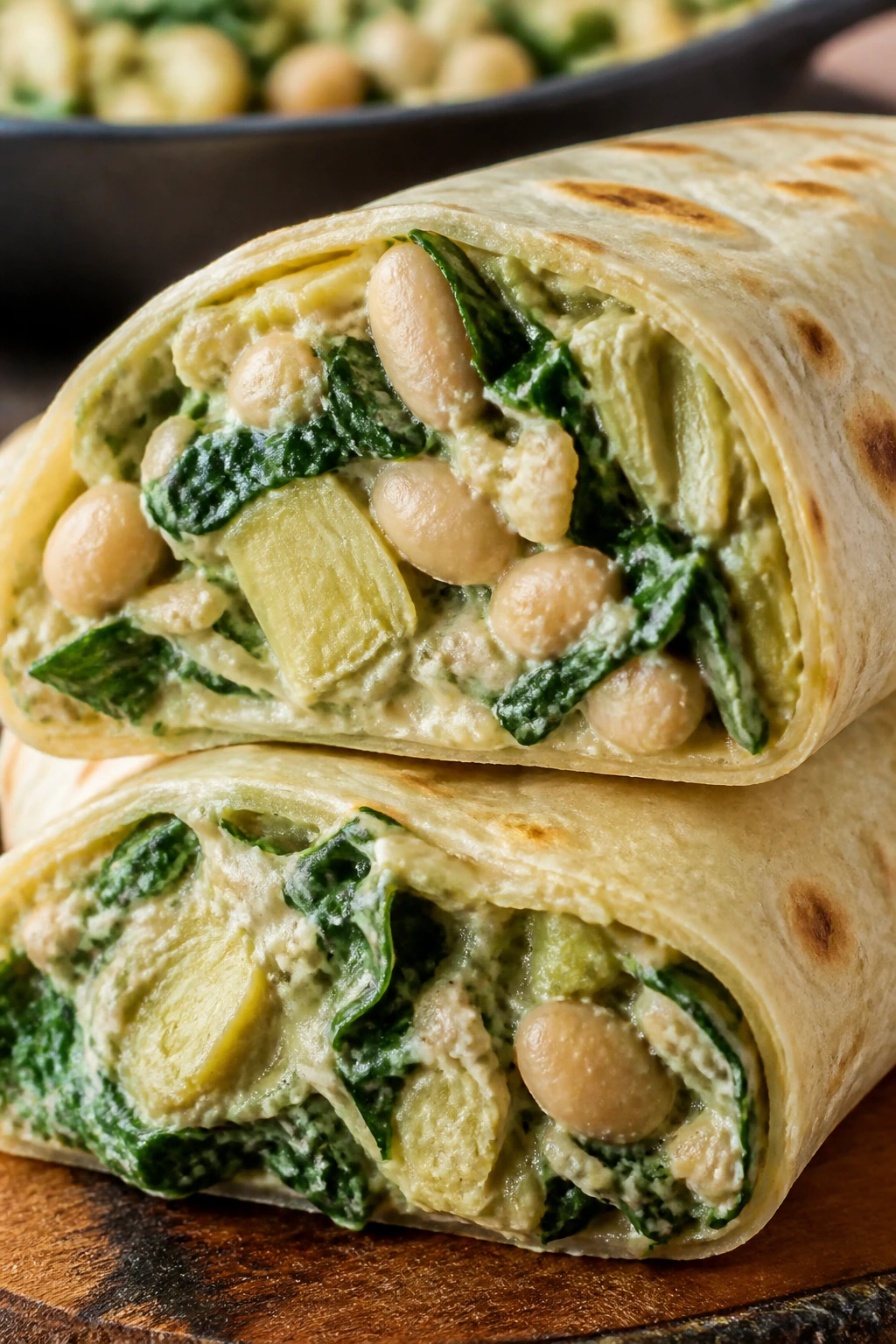 Close-up of Spinach Artichoke White Bean Wrap with creamy filling