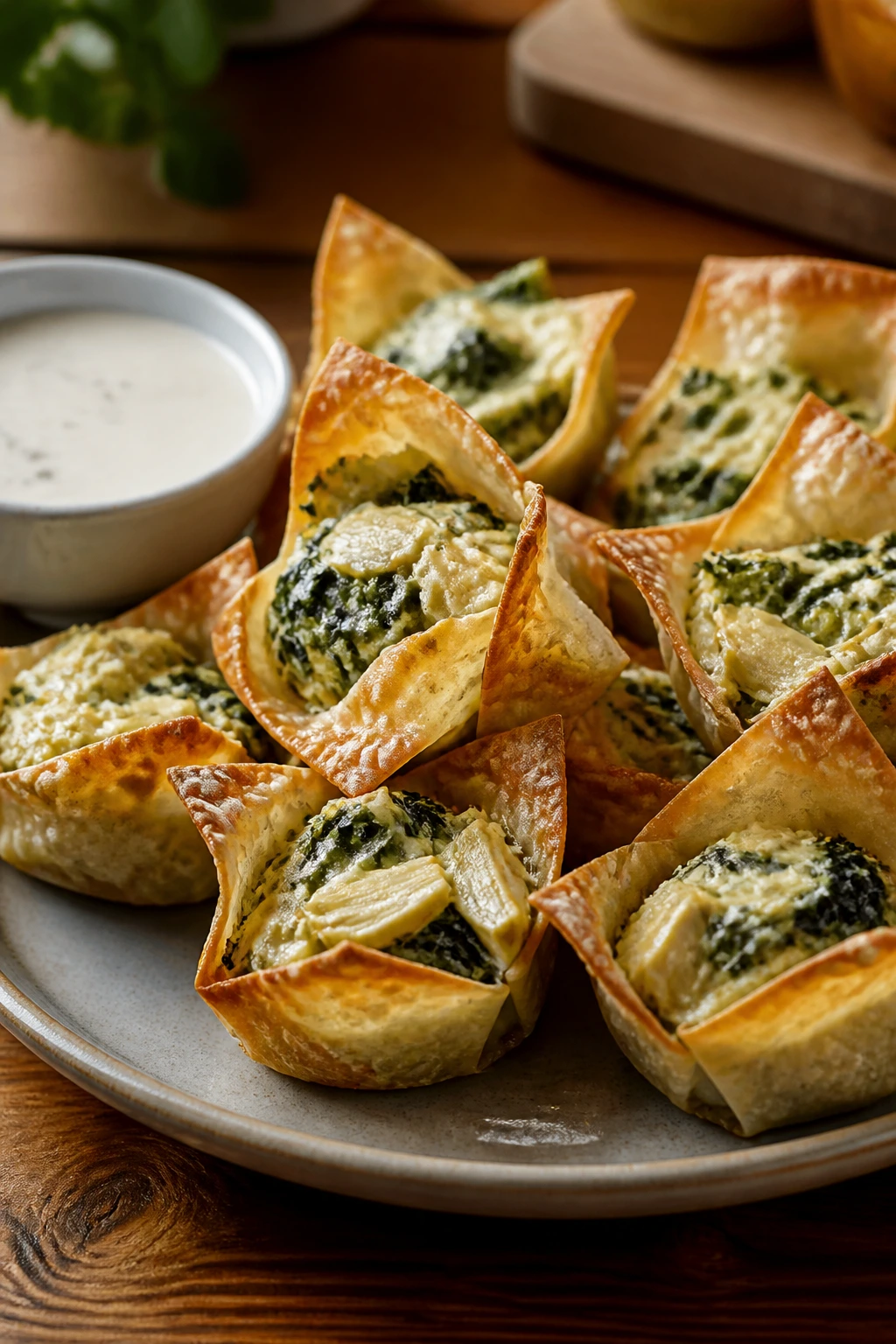 Close-up of spinach artichoke wontons on a plate with sauce