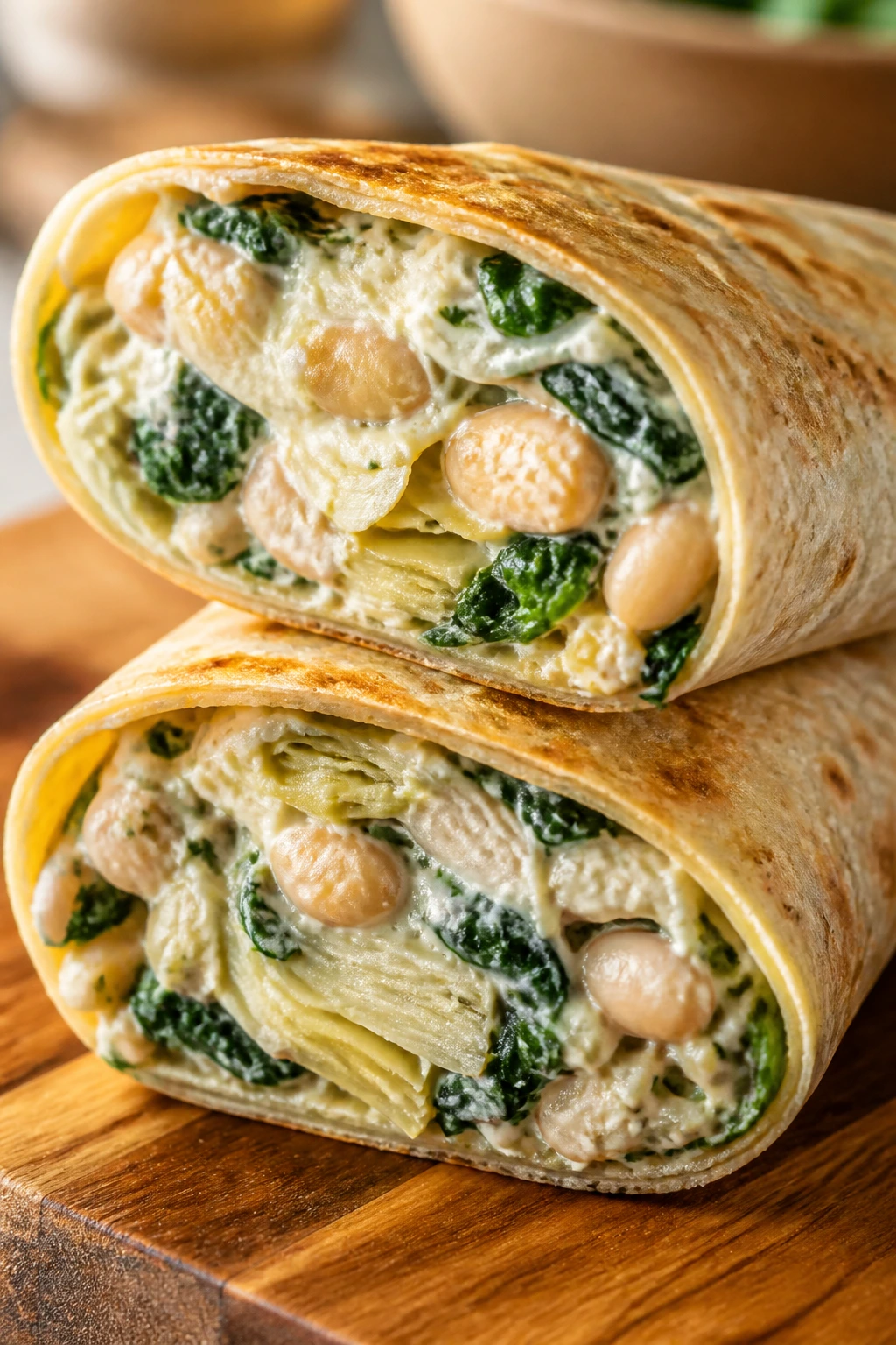 Cross-section of Spinach Artichoke White Bean Wrap with beans and artichokes