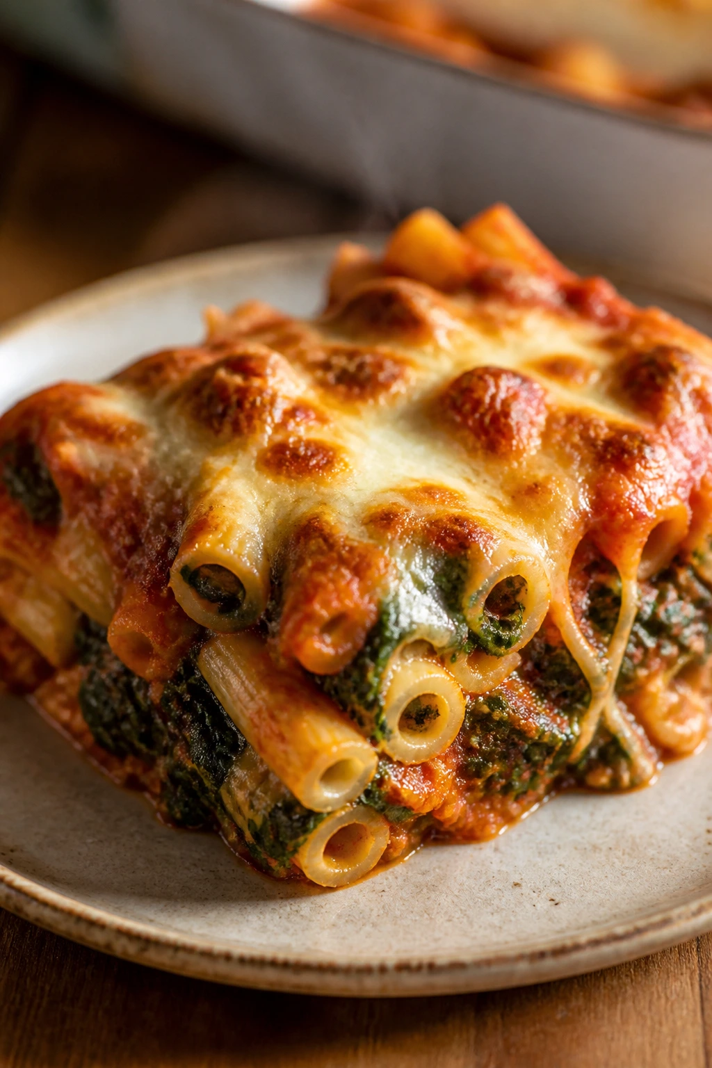 Close-up of spinach baked ziti slice on plate