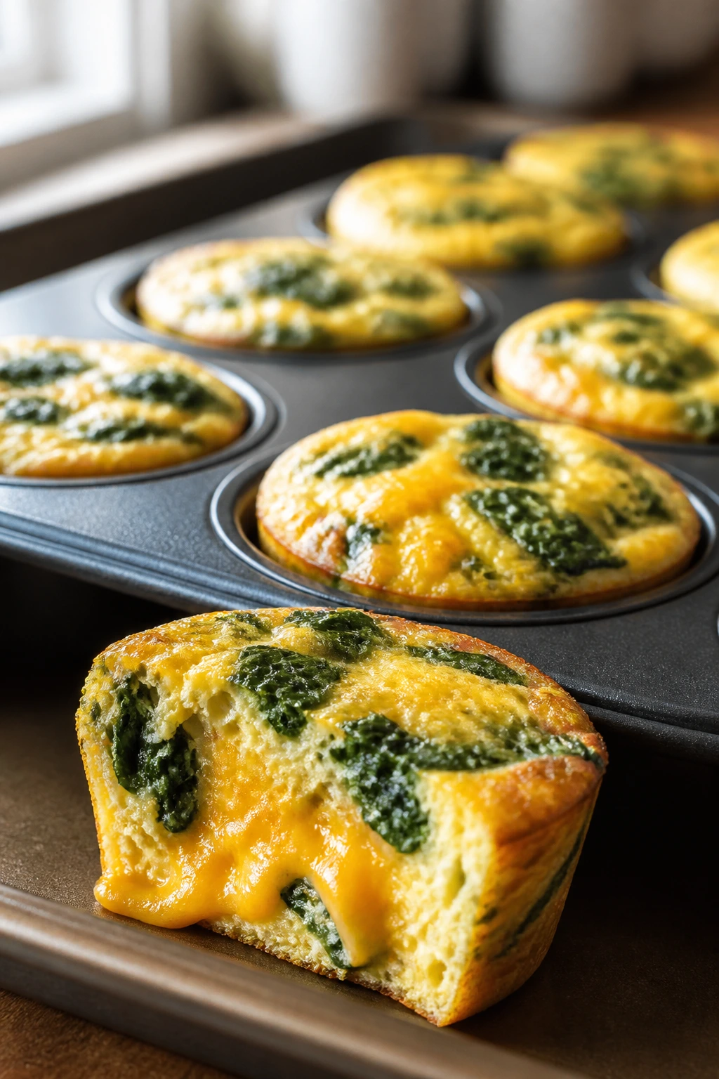 Spinach and cheddar mini frittatas in muffin tin