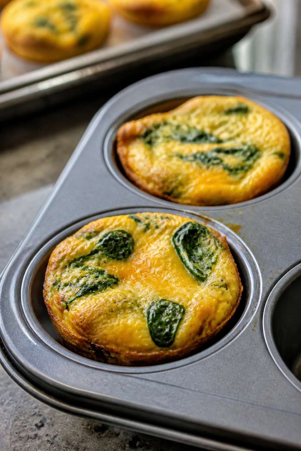 Close-up of spinach and cheddar egg muffins in a muffin tin.