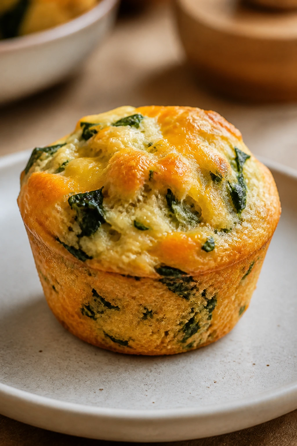 Single savory spinach cheddar muffin on plate