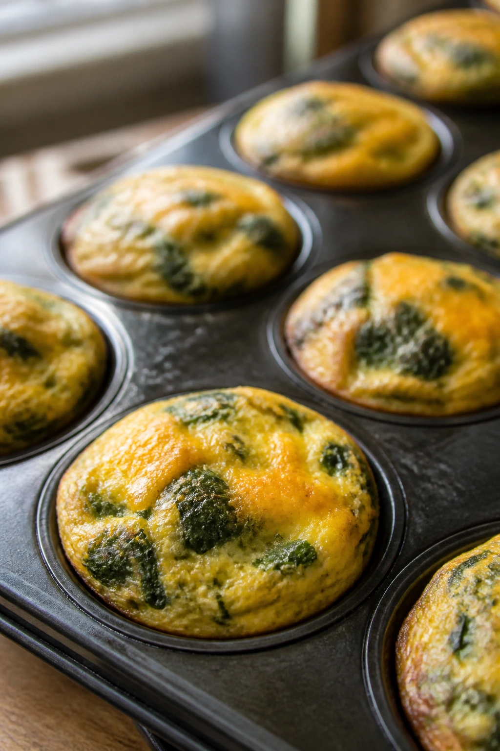 Close-up of spinach cheddar egg muffins filling a muffin tin in a warm kitchen
