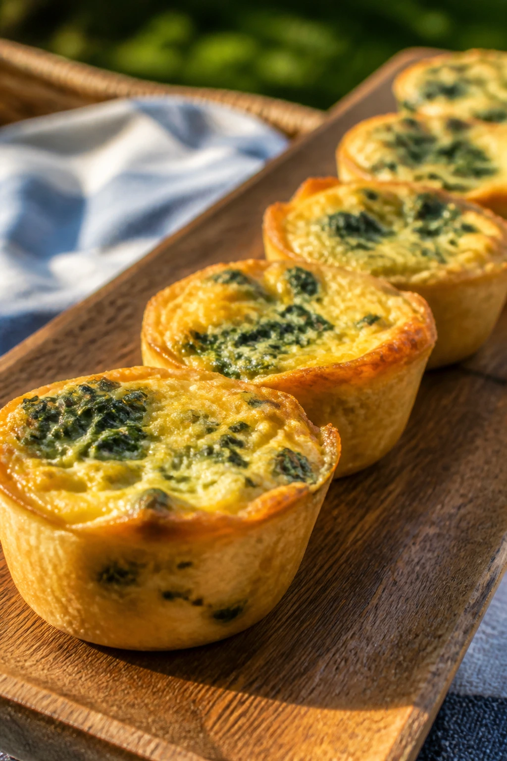 Close-up of mini spinach-cheddar quiches on a wooden platter